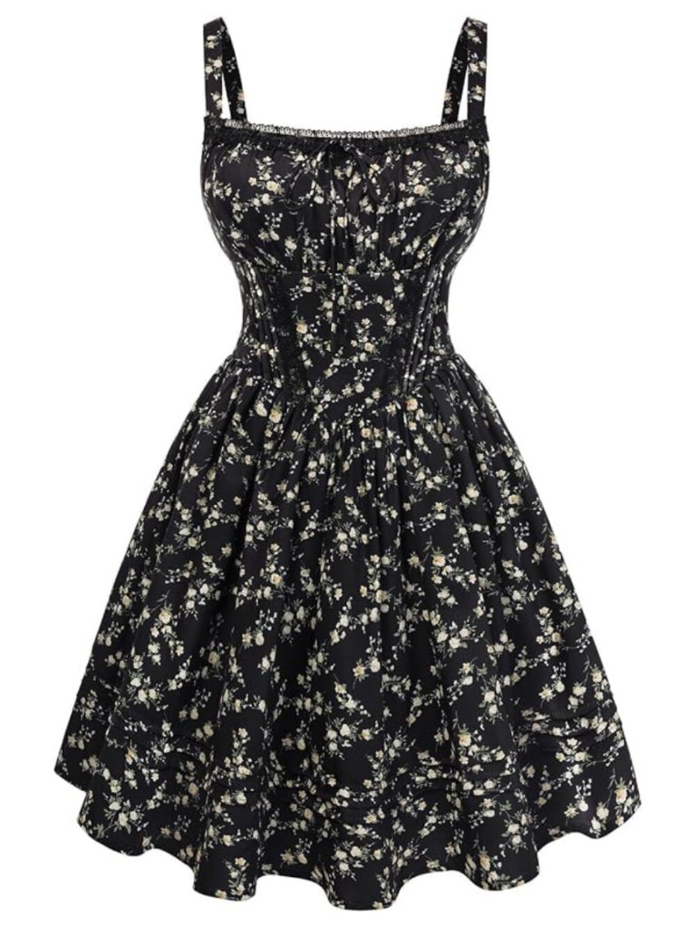 Cottagecore Corset Mini Dress Square Neck Floral Lace Smocked Back
